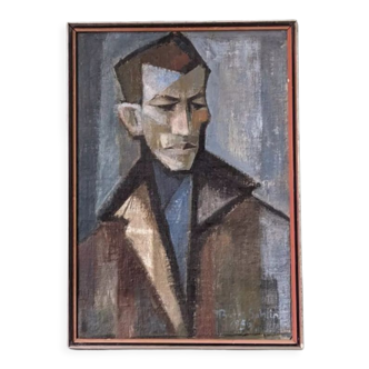 Mid-Century Modern Swedish "Portrait of a Man" Vintage Figurative Oil Painting, Framed