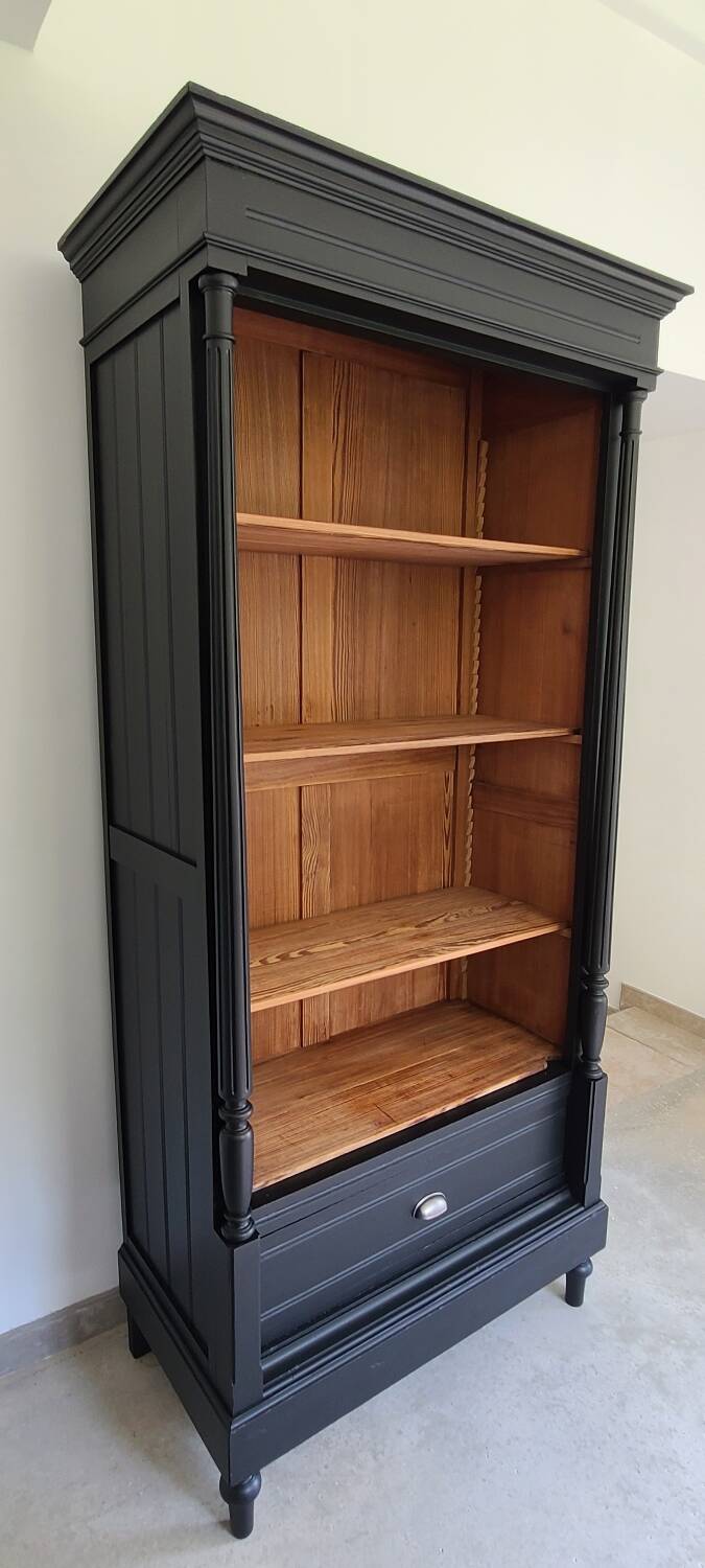 Old library storage unit shelf cabinet curiosities vintage black linen