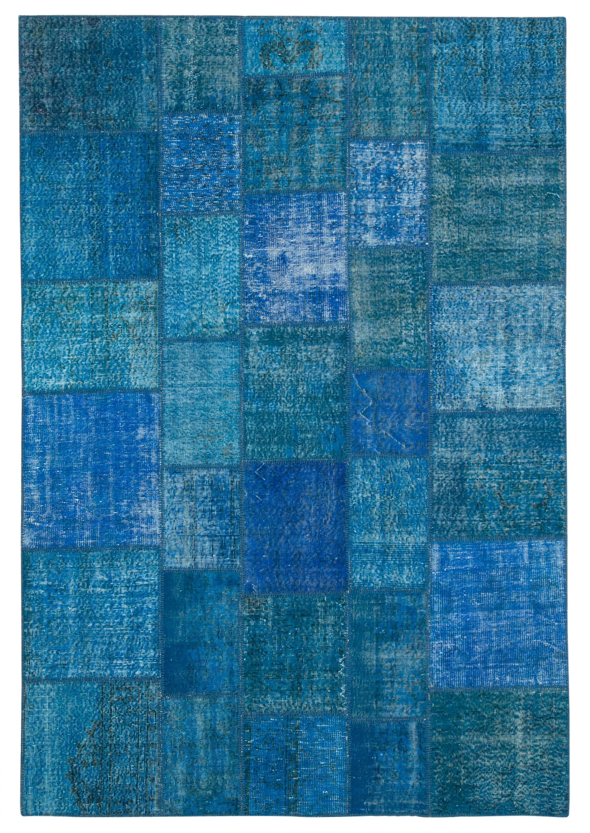 Handmade Anatolian Overdyed 206 cm x 298 cm Blue Patchwork Carpet