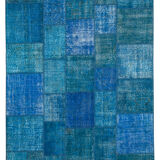Handmade Anatolian Overdyed 206 cm x 298 cm Blue Patchwork Carpet
