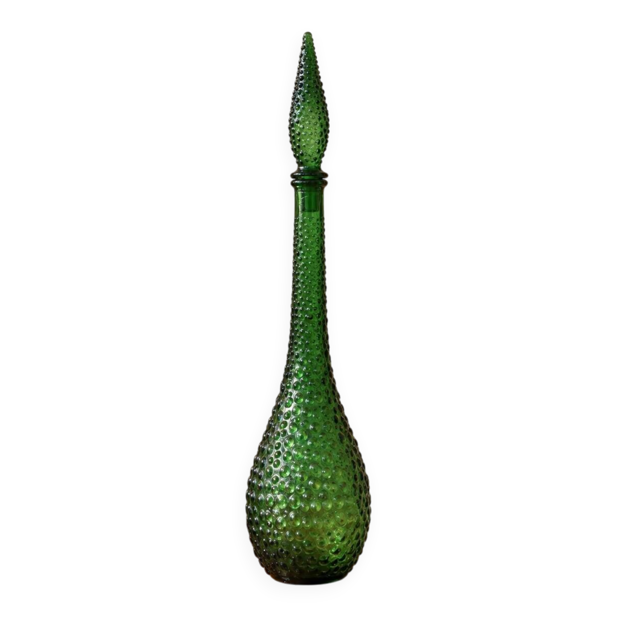 Large decorative vintage green glass carafe/bottle with relief – H57 cm