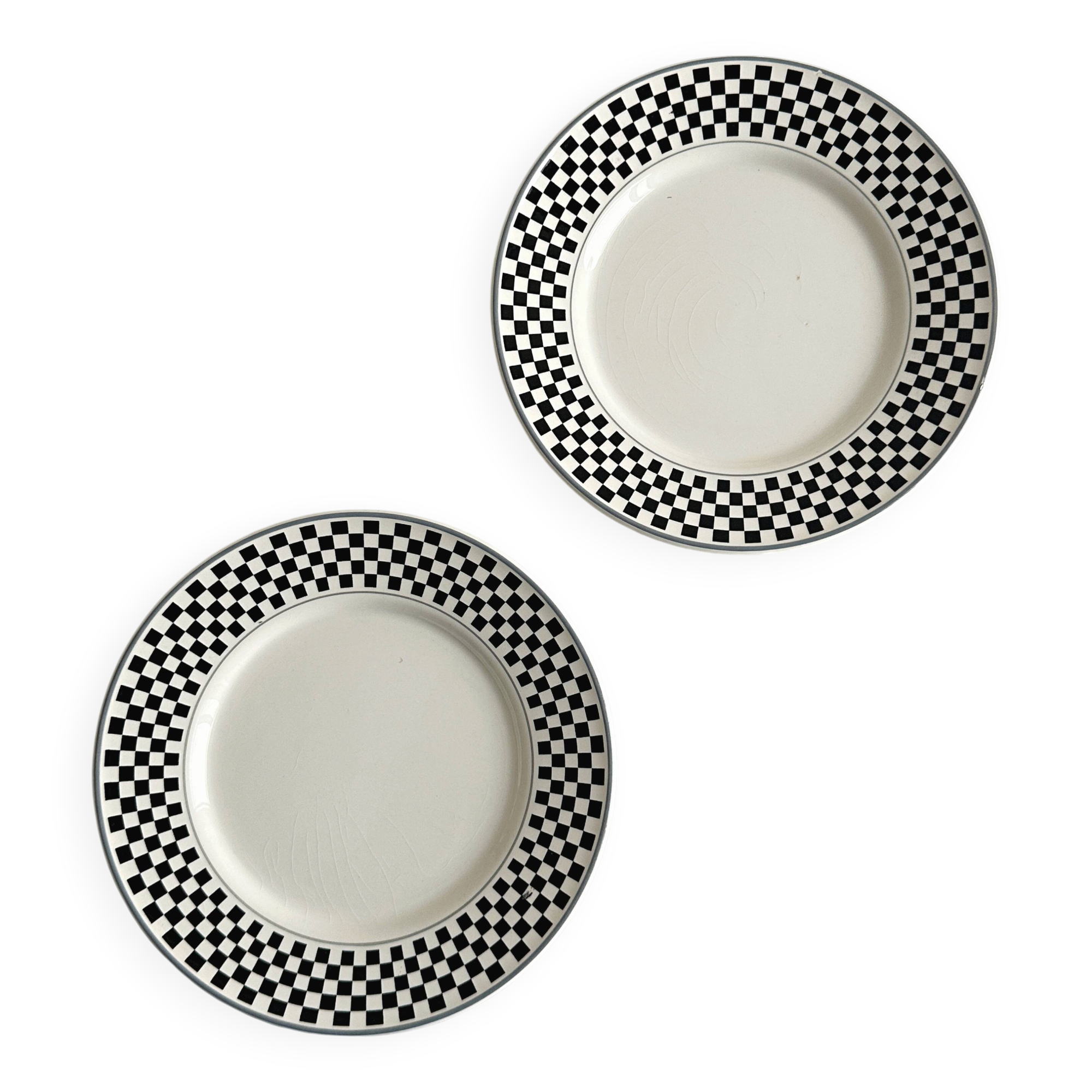 Pair of vintage plates with a black and white checkered pattern.