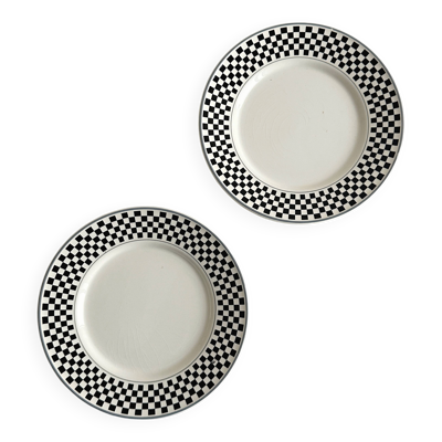Paire d'assiettes vintage à motif damier noir et blanc