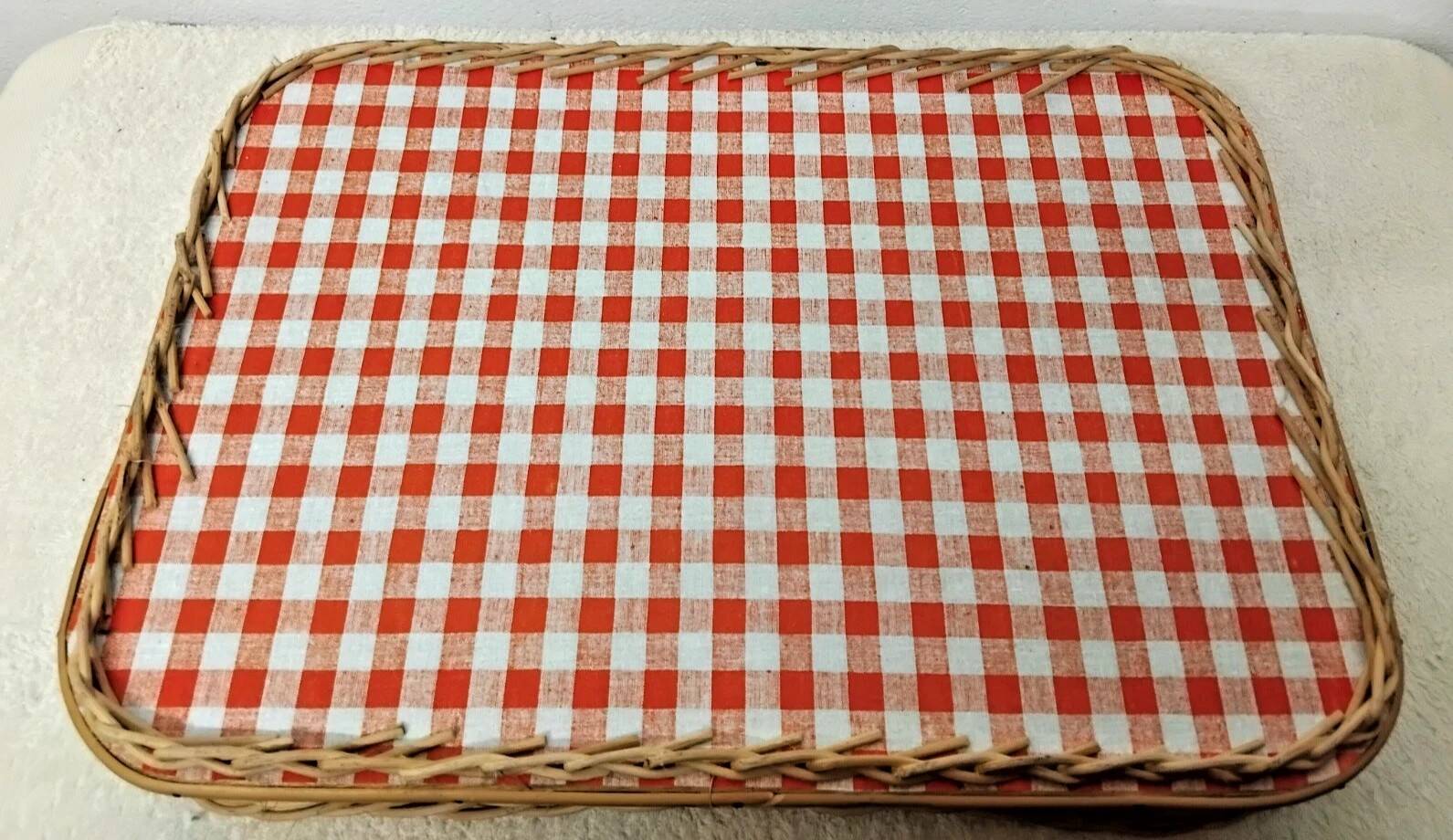 Rectangular Wicker Tray with Vichy Decor L: 44 cm Vintage