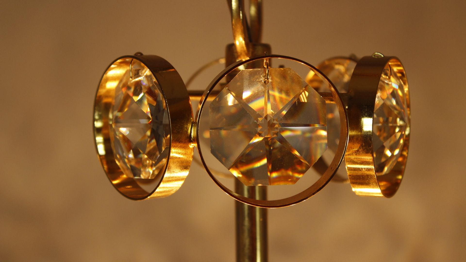 1970s Palwa Chandelier, gold plate and faceted crystals