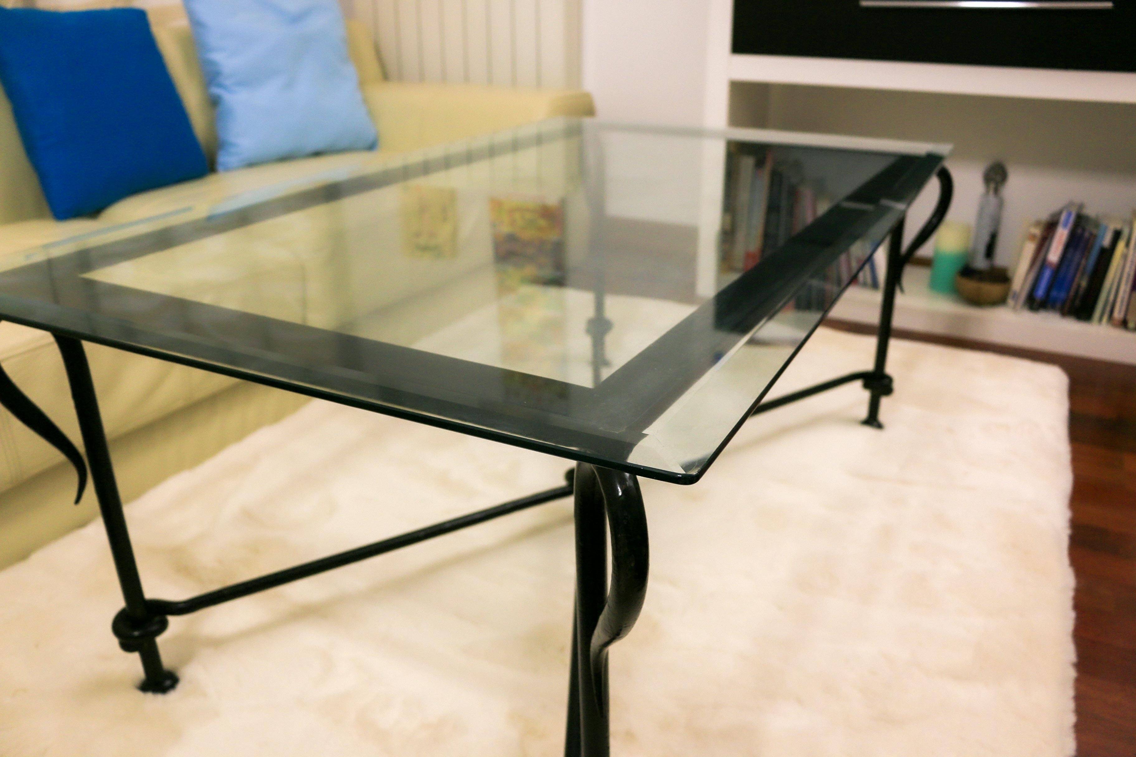 Table basse vintage – verre biseauté & fer forgé – 119×69×44 cm