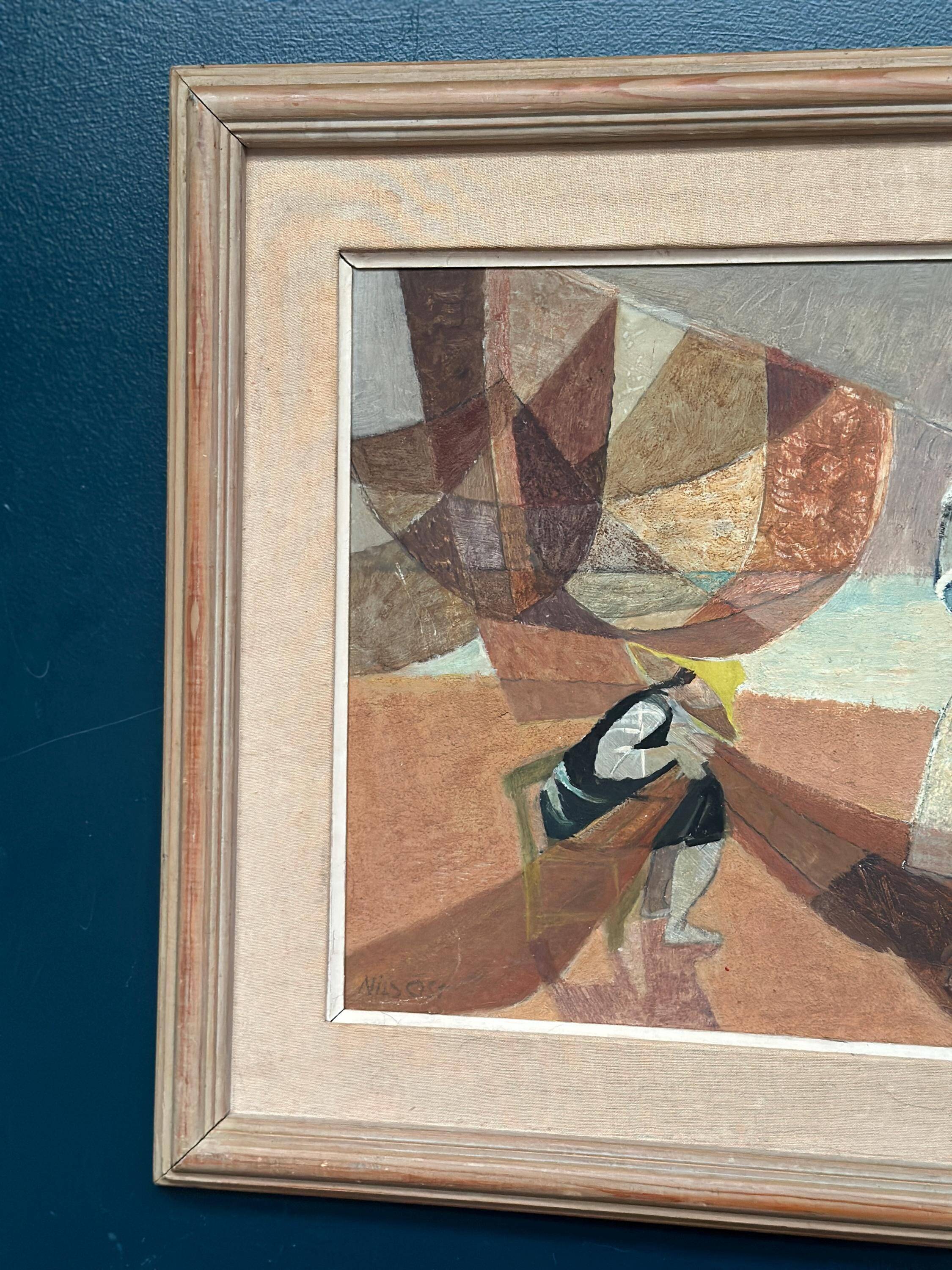 Original Swedish Oil on Panel – “Figure with Boats” by Nils Öst (1908–1982)