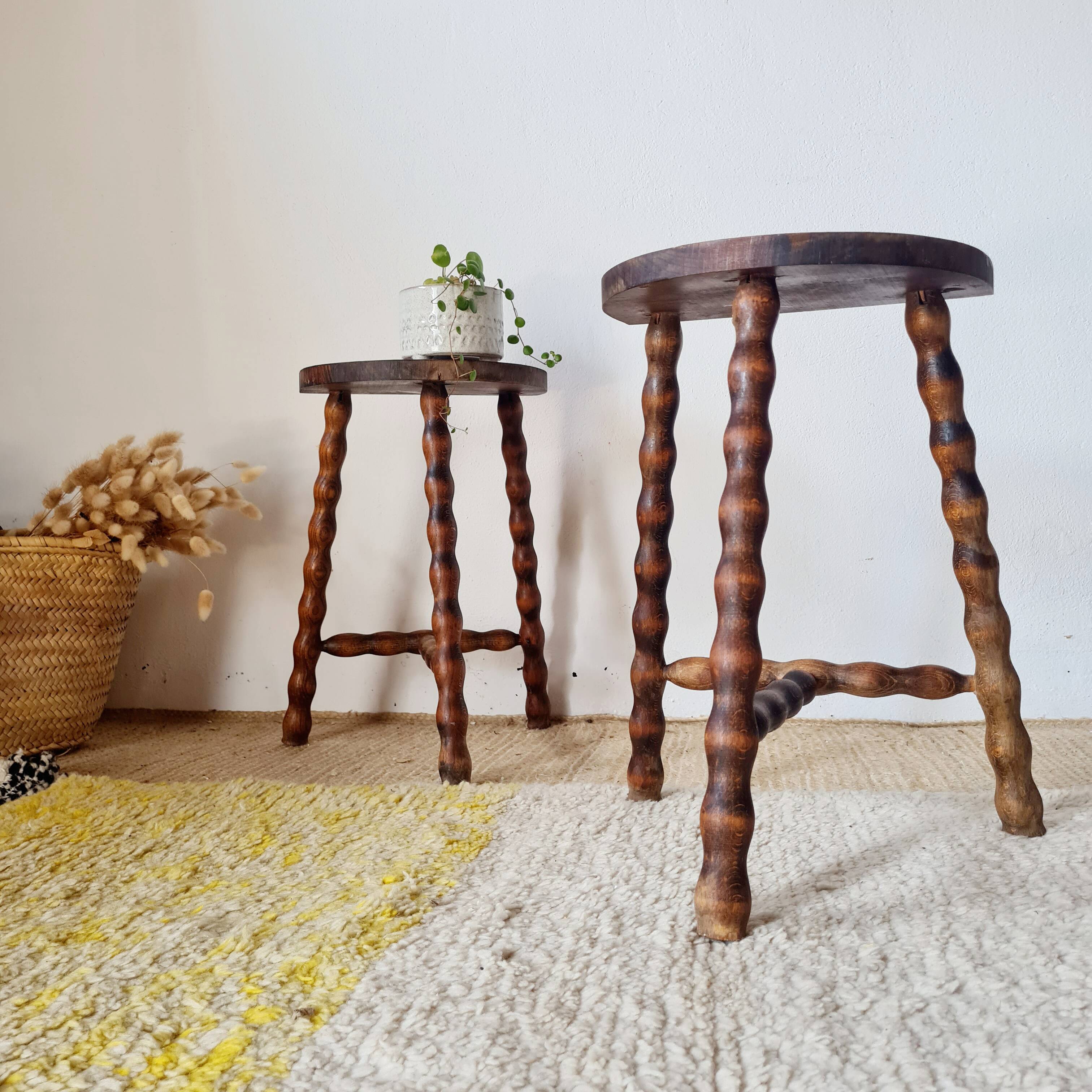 Wooden tripod stools - pair of turned leg bedside tables