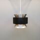 Hanging lamp,  of silver coloured aluminium with black "ring" and orange inner contrast lacquer.