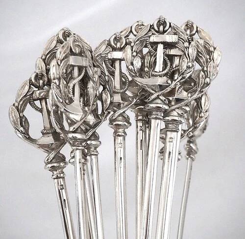 Christofle, 12 skewers, brochettes, metal silver-plated meat picks, anchor.