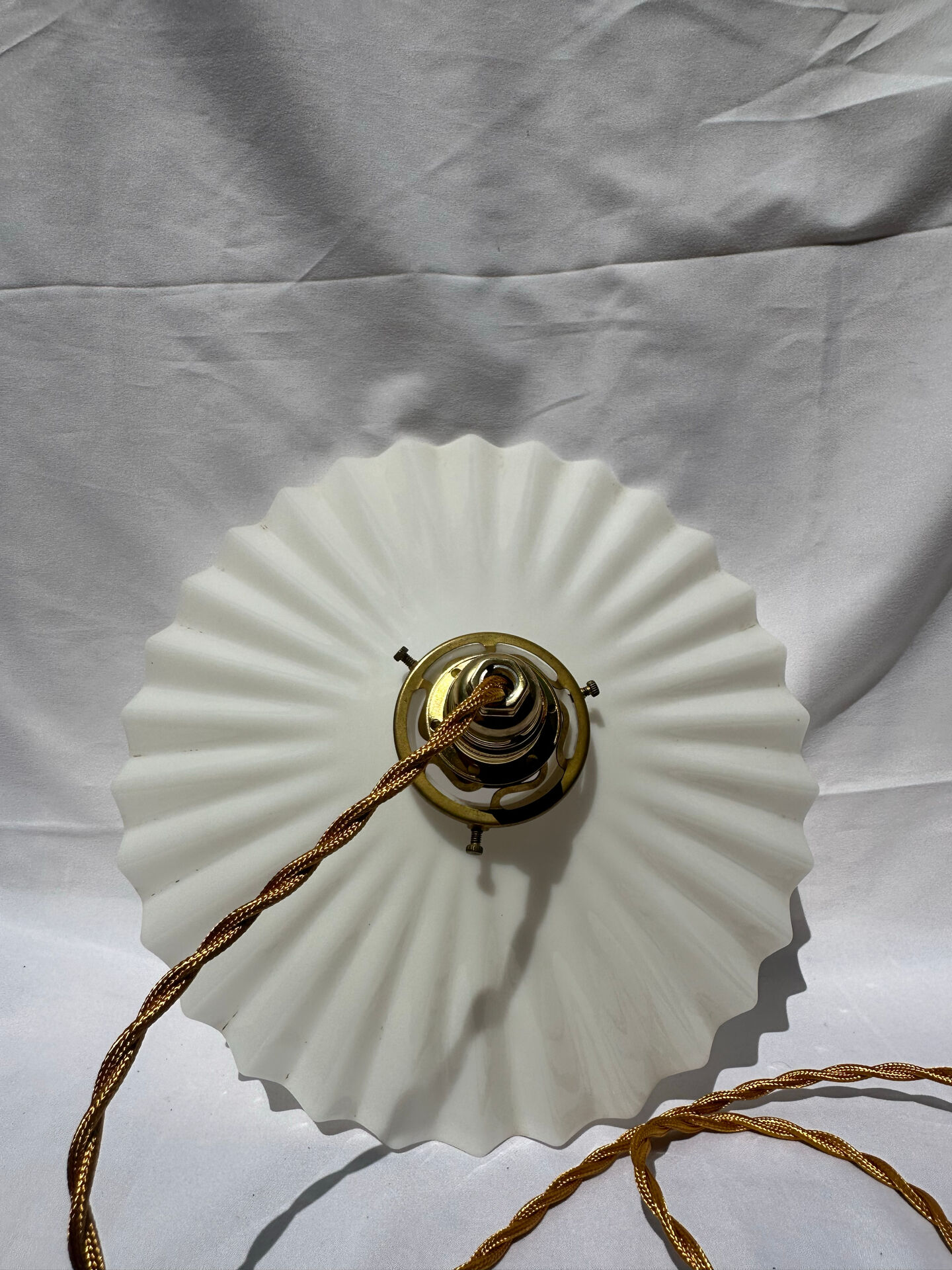 Vintage suspension opaline pleated lampshade with golden threads and claw socket.