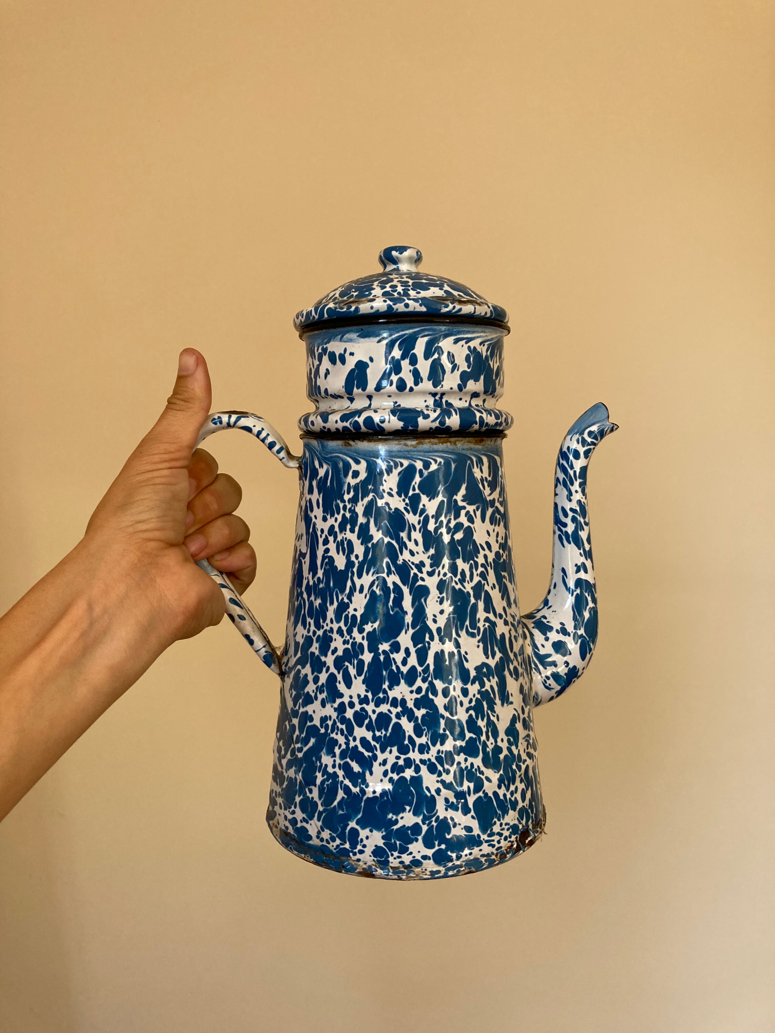 Vintage blue speckled enamel coffee maker