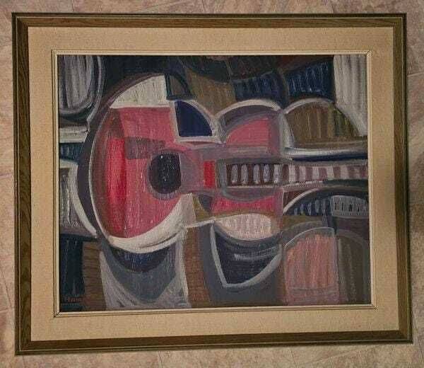 Huile sur panneau originale suédoise – « Guitare » par Ingemar Hammar – Datée de 1964 – Vintage et encadrée
