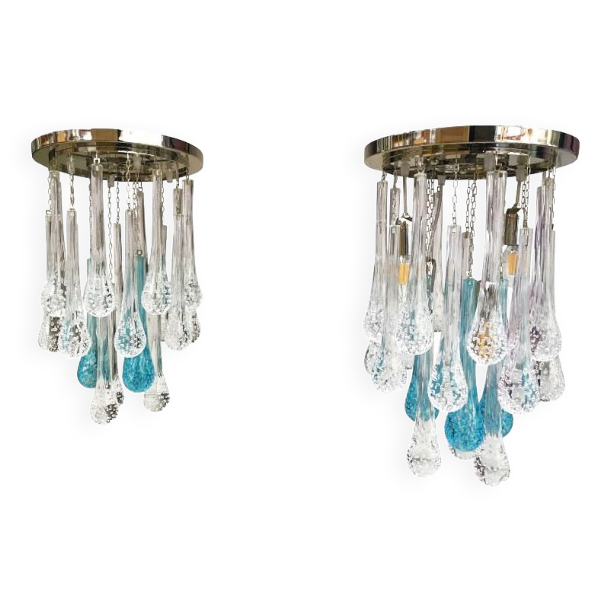 Flush mount in metal framed chrome with large clear and blue drops