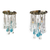 Plafonnier avec cadre en métal chromé et grandes gouttes transparentes et bleues