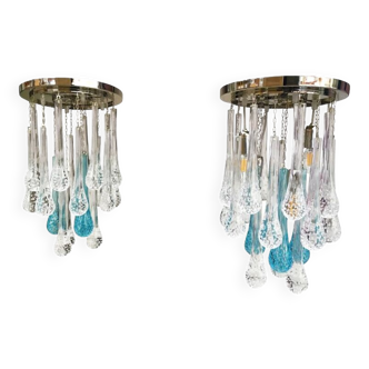 Flush mount in metal framed chrome with large clear and blue drops