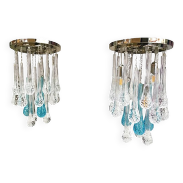 Plafonnier avec cadre en métal chromé et grandes gouttes transparentes et bleues
