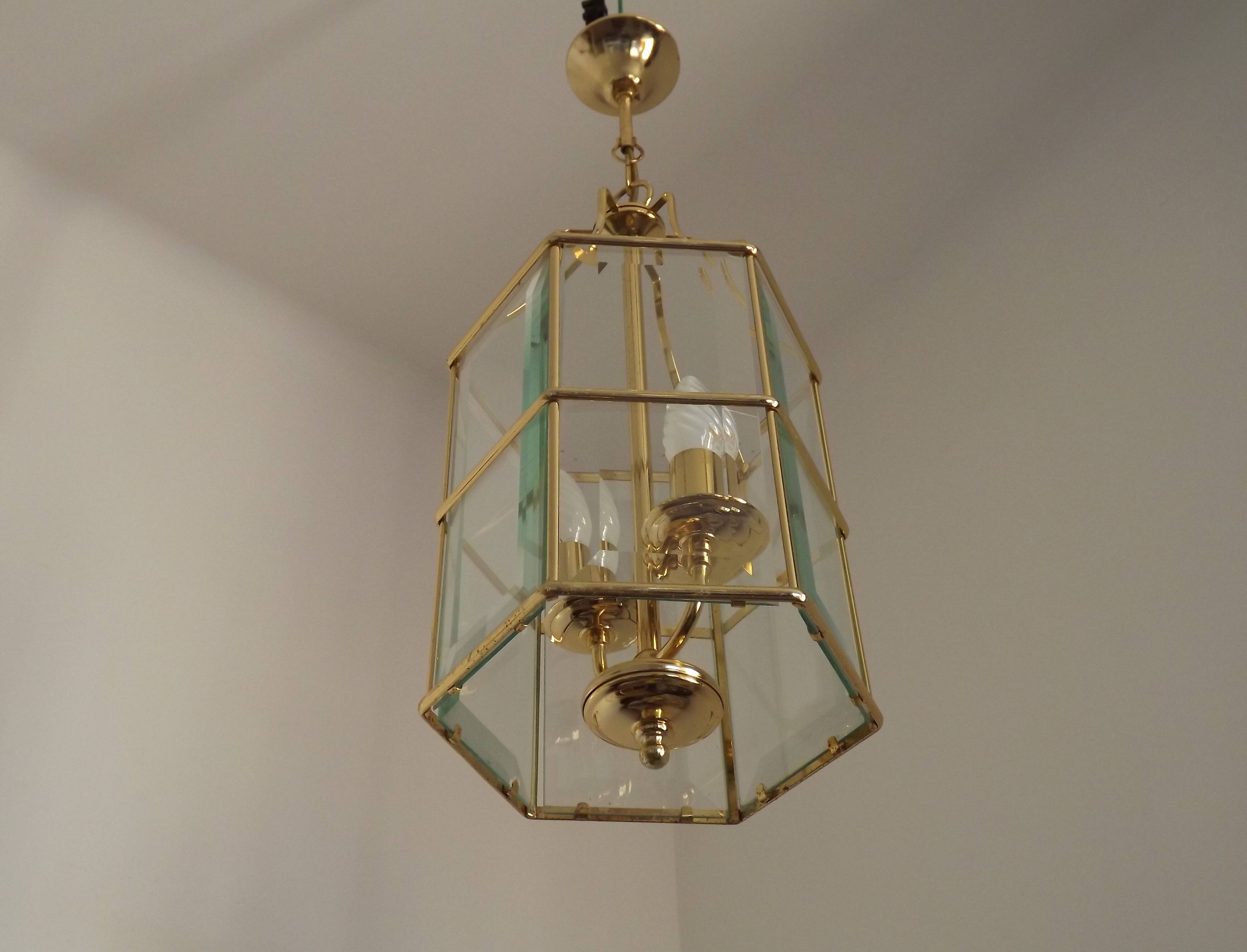 French Vintage 2 Light Hexagonal Gold Metal & Beveled Glass Hanging Light