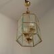 French Vintage 2 Light Hexagonal Gold Metal & Beveled Glass Hanging Light