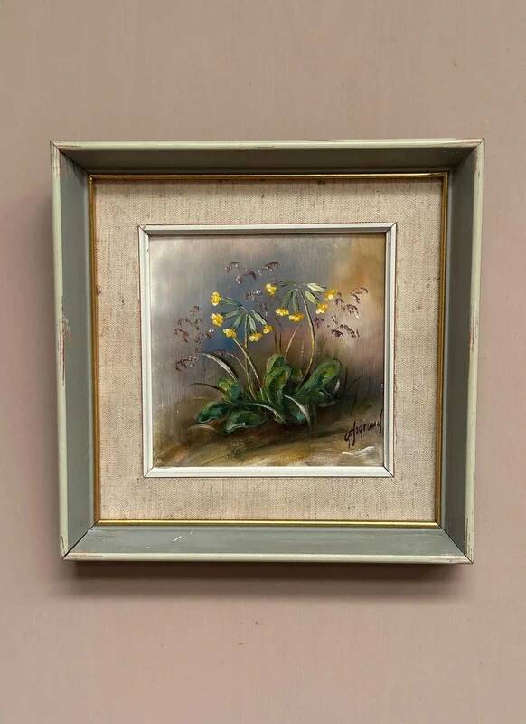 Mid-century oil on panel 'Flowers' by G. Sigrand, vintage & framed 24 × 24 cm
