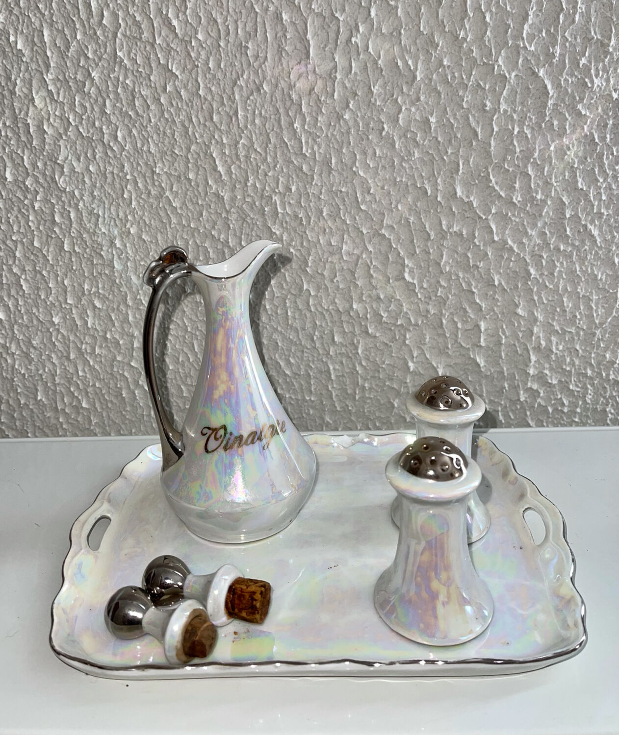 Ancien plateau service vinaigre salière