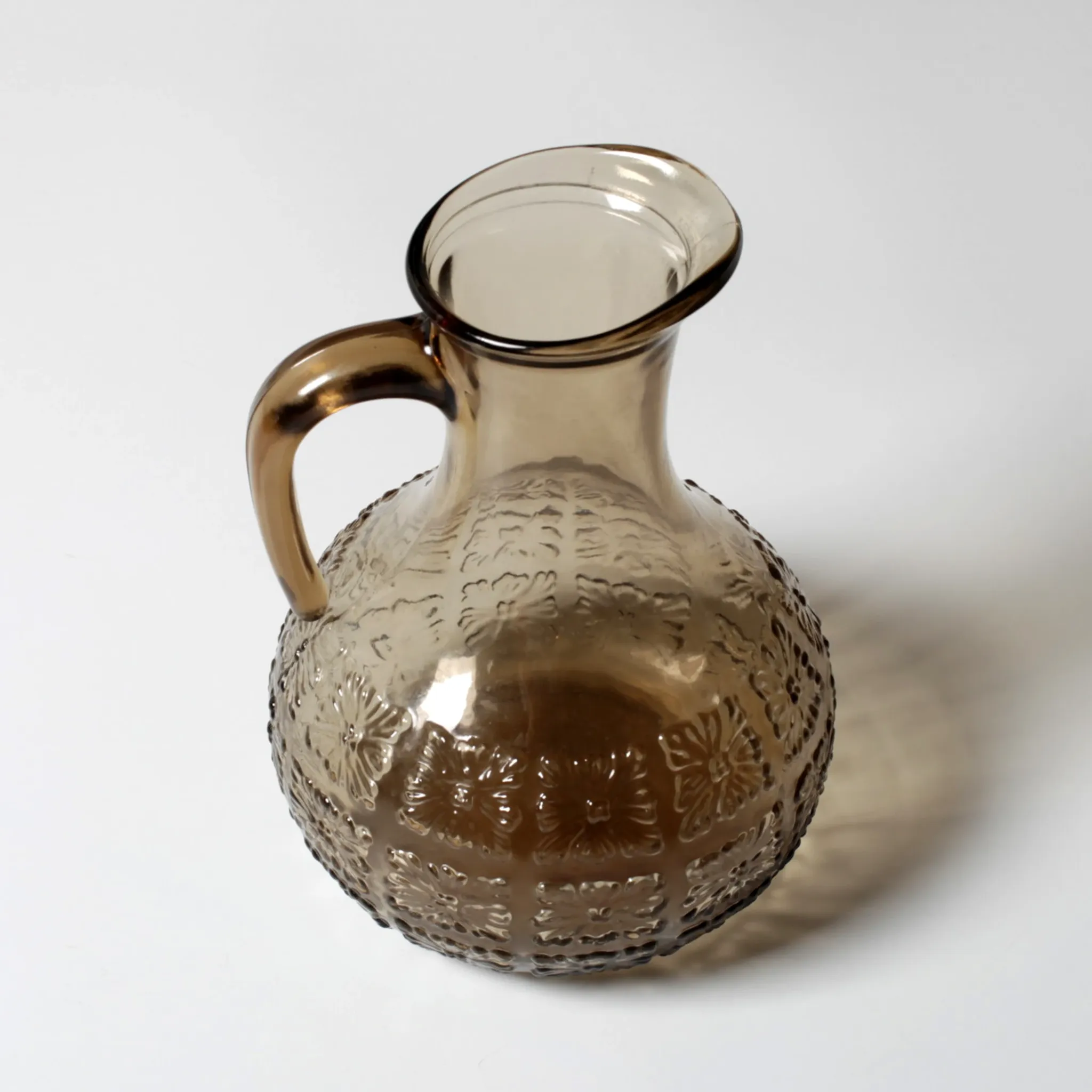 Italian Smoked Glass Jug / Embossed Floral Brown Pitcher / Mid-century Jug