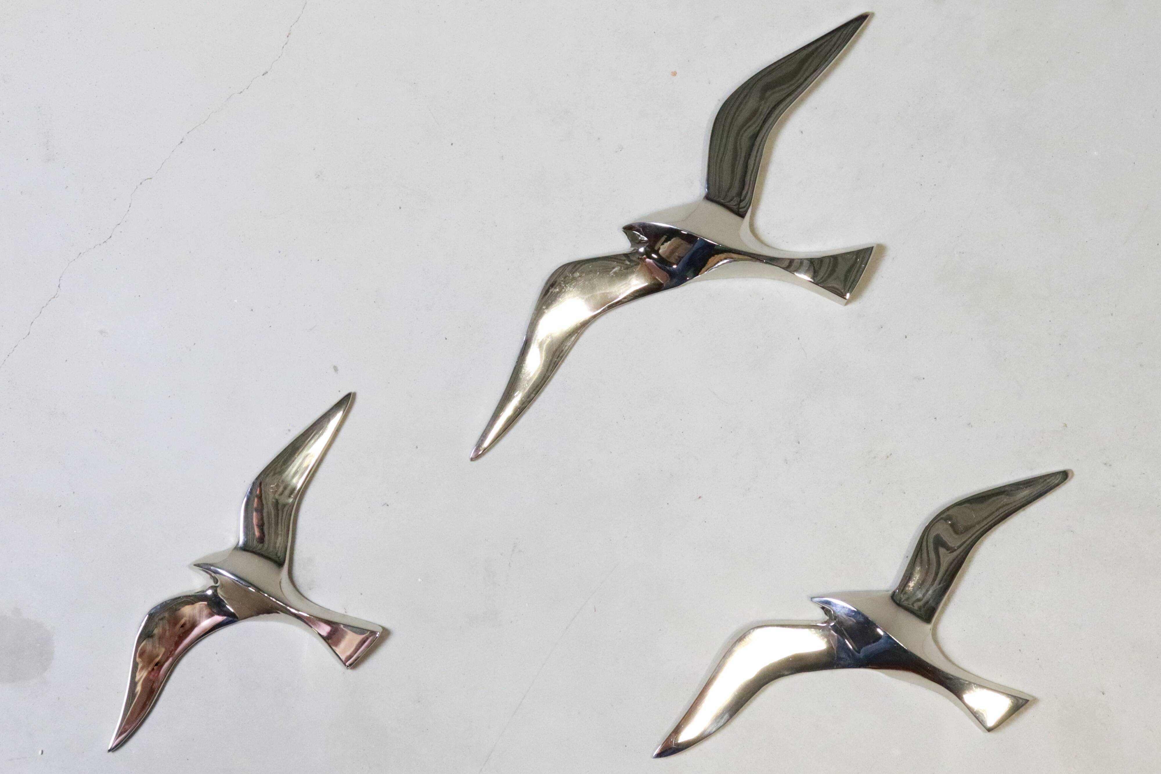 Set of 3 chrome gull birds, 15 - 20 -25 cm