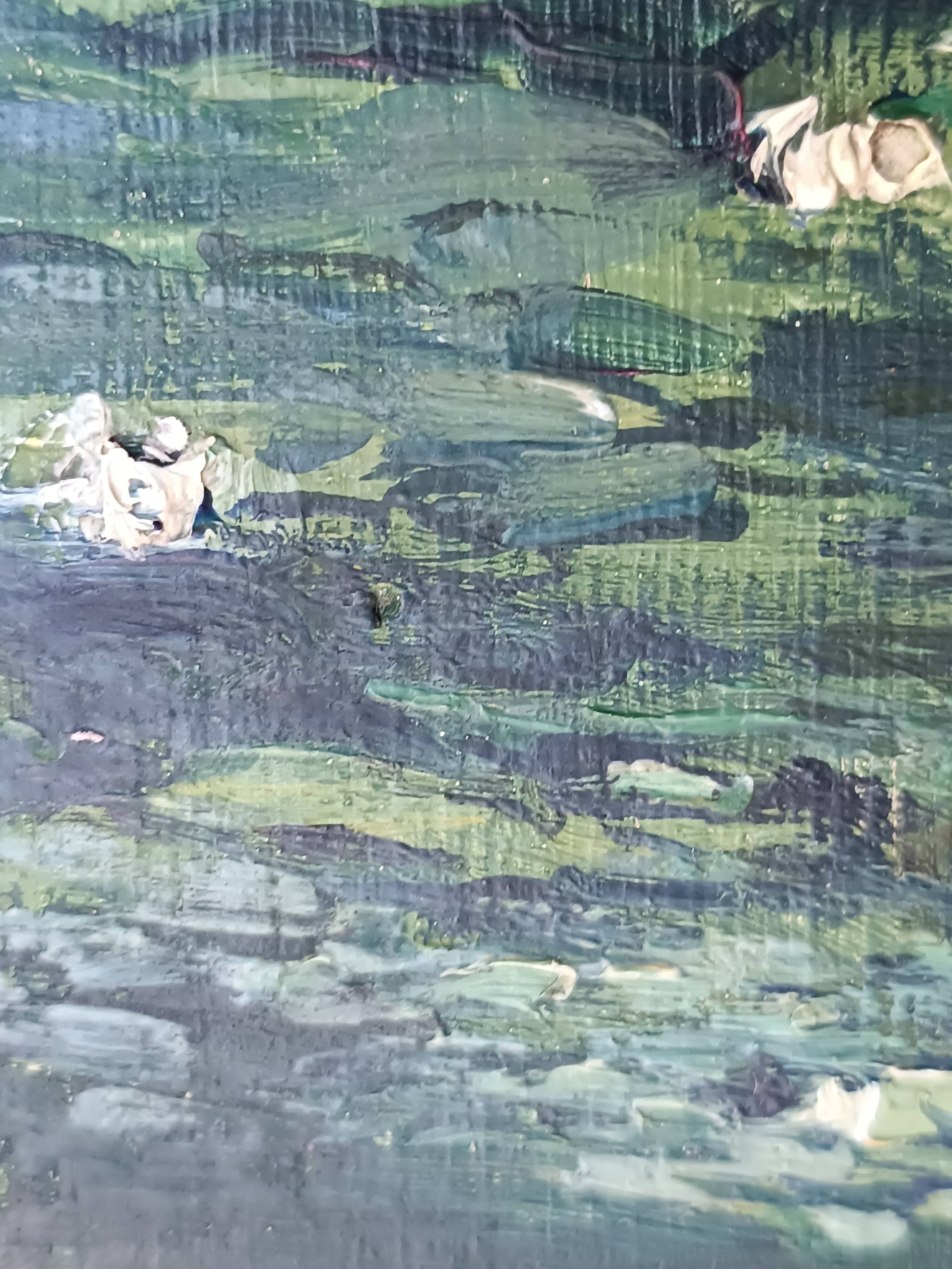 Original oil painting of a landscape with a pond and water lilies by Albert Morhain, 1930.