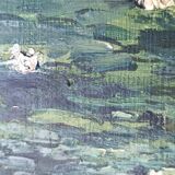 Original oil painting of a landscape with a pond and water lilies by Albert Morhain, 1930.