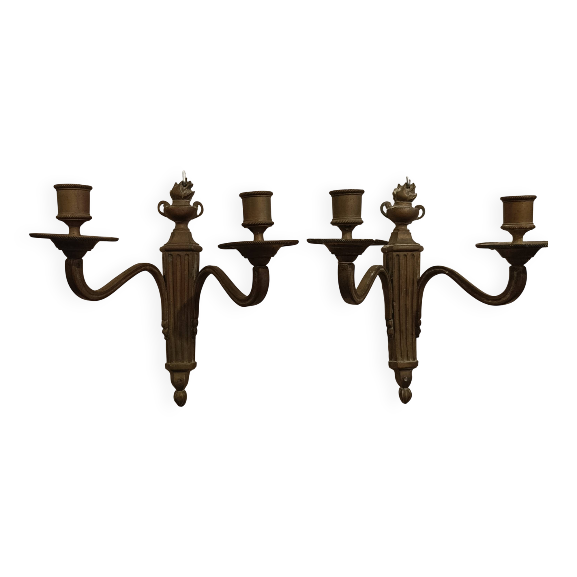 Pair of French bronze wall sconces, Louis XVI Neoclassical style, two-arm s