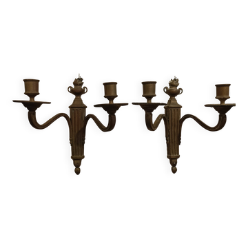 Pair of French bronze wall sconces, Louis XVI Neoclassical style, two-arm s