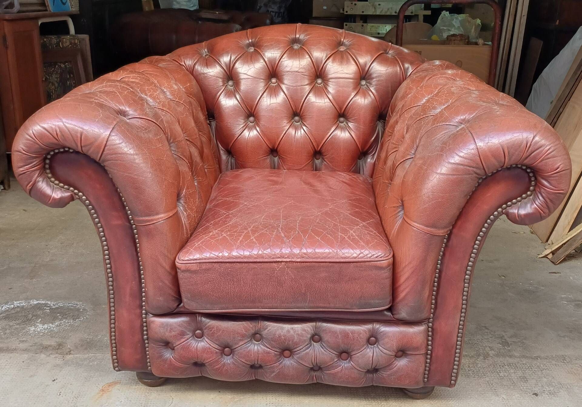 Authentic Vintage Chesterfield Armchair in Burgundy Leather