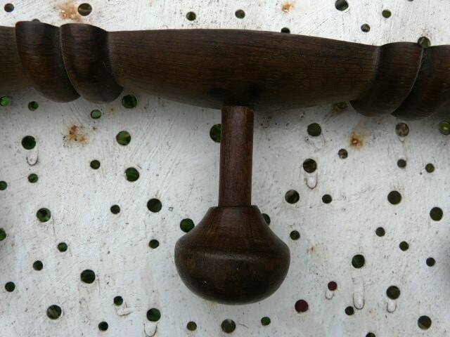 Vintage wooden wall coat rack with 3 hooks.