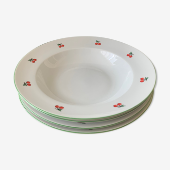 4 hollow white plates with cherry patterns