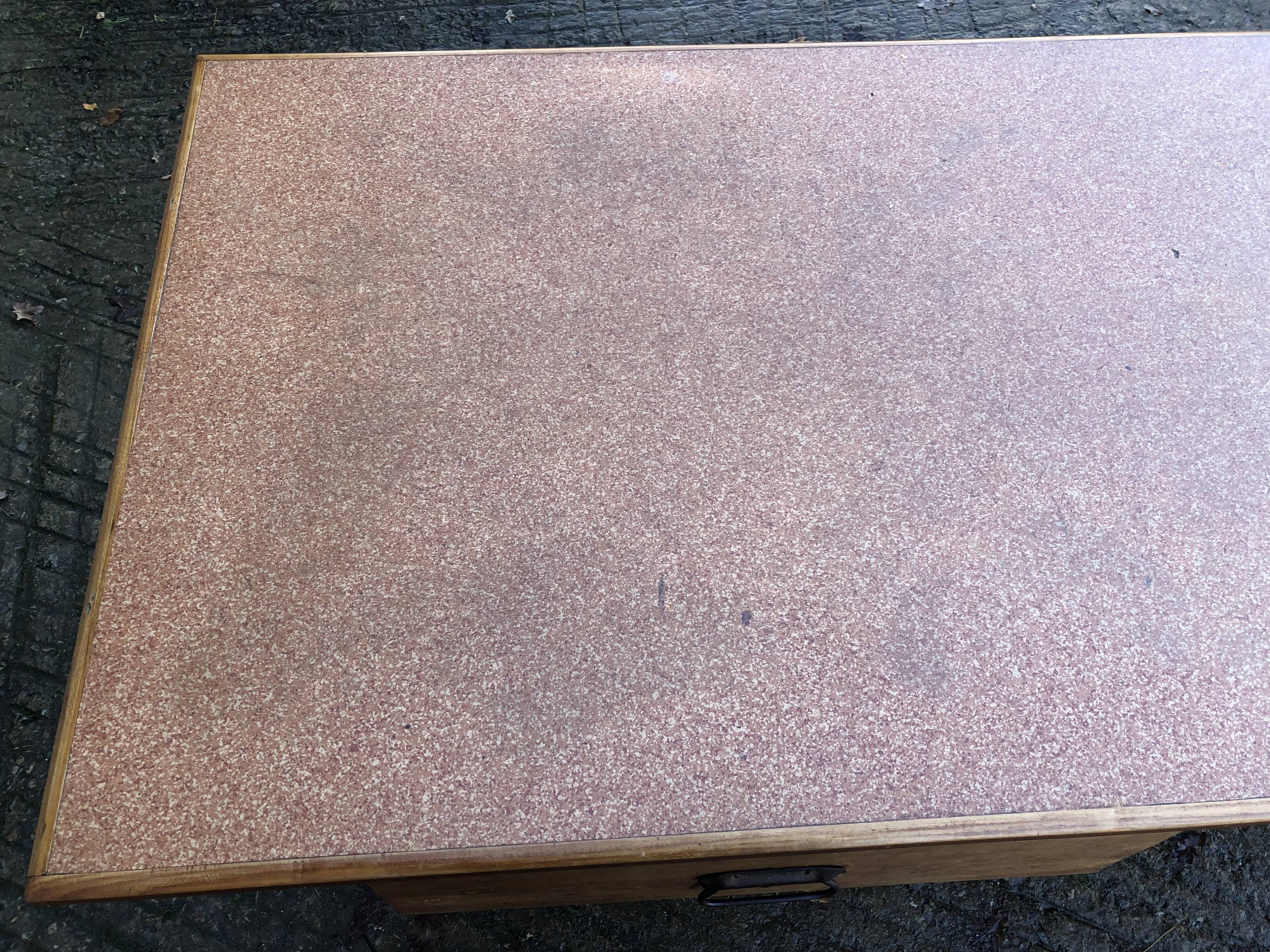 Solid cherry game table with 2 front drawers and panelled crosspieces.