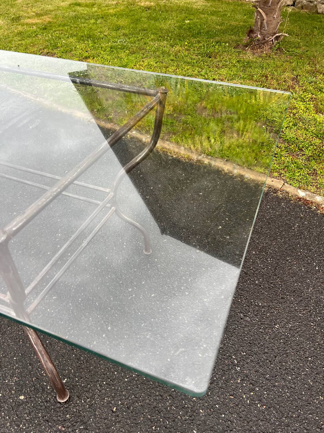 Rectangular table translucent glass top metal base vintage 1980