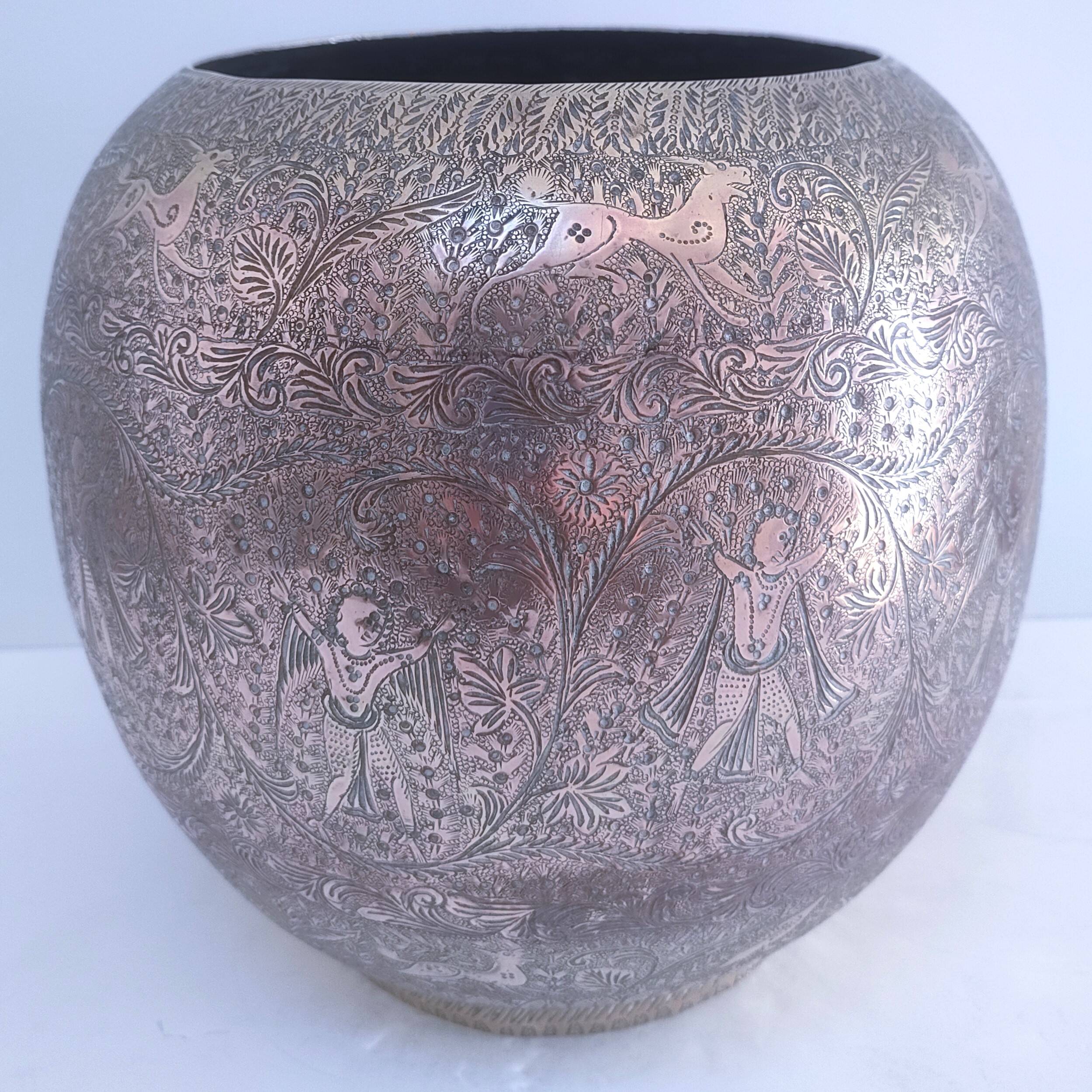 Solid brass pot cover engraved decor animal plant characters