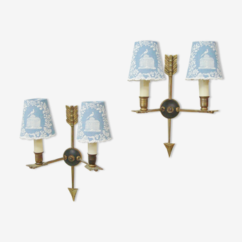 Pair of Empire arrow sconces with four Pierre Frey fabric lampshades