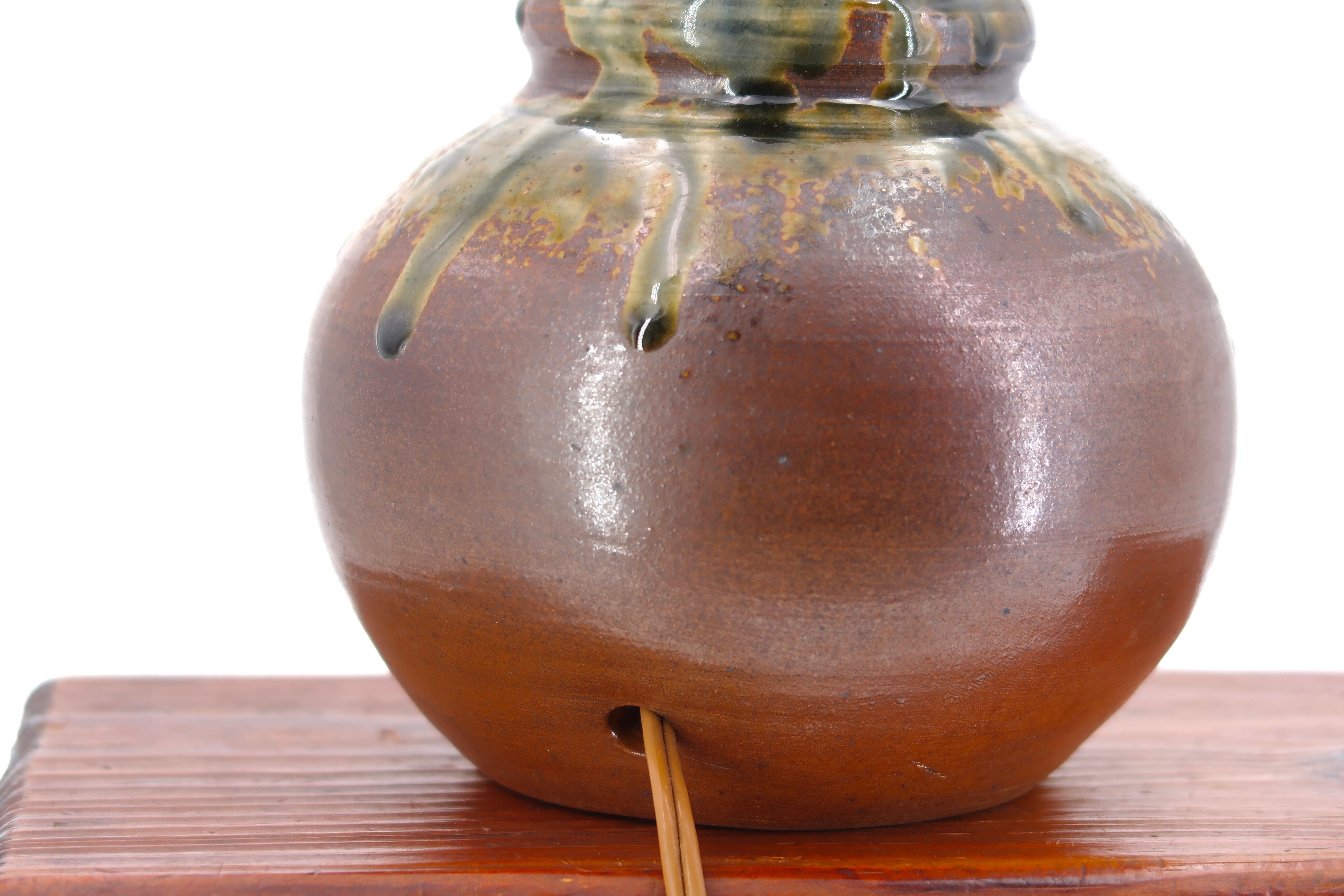 Puisaye stoneware lamp, raffia lampshade, 70s