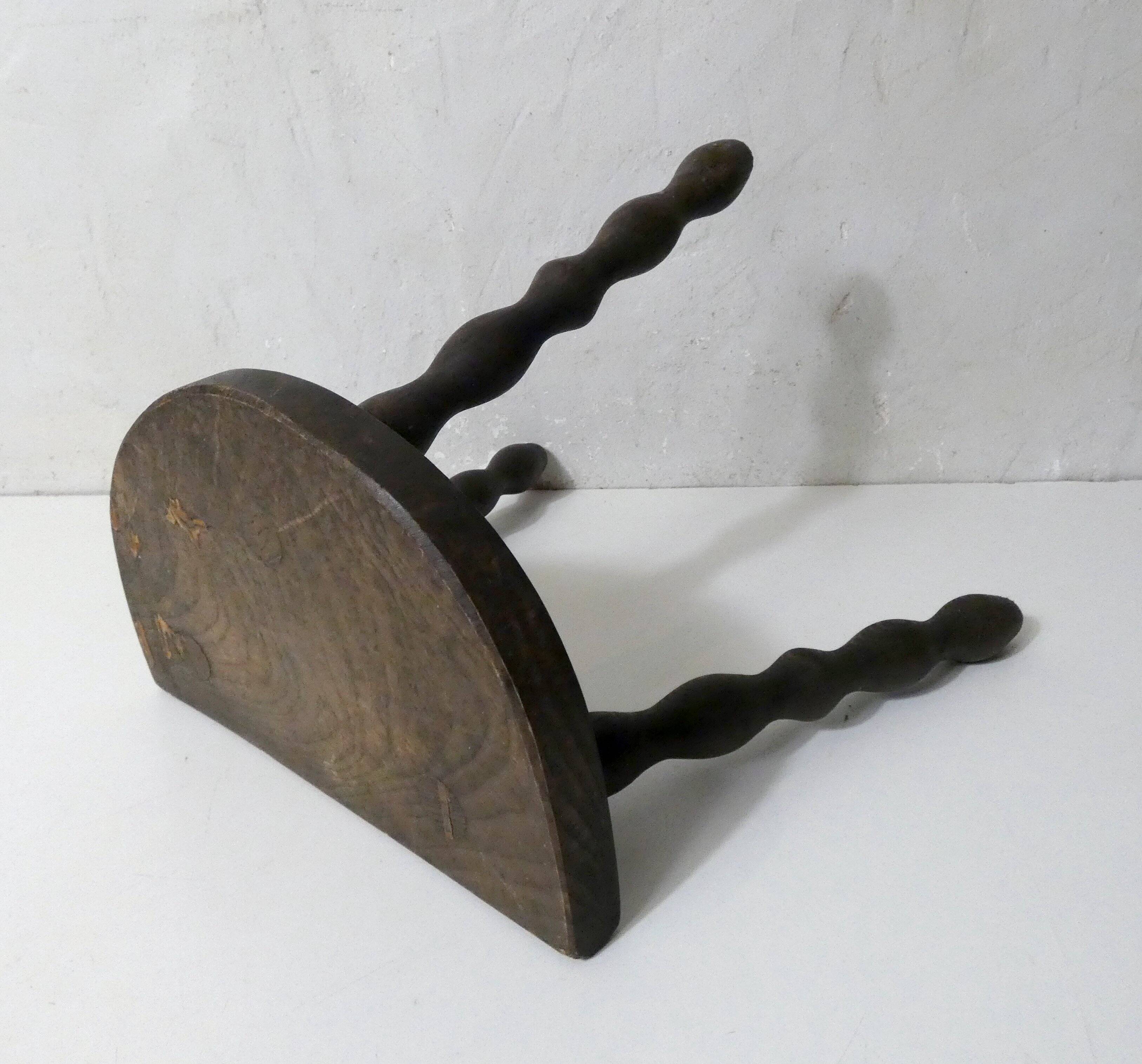 vintage half-moon solid wood turned beaded tripod stool