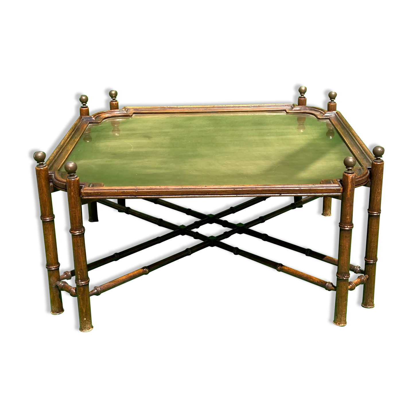 Midcentury Spanish "faux bamboo" coffee tray table with brass top
