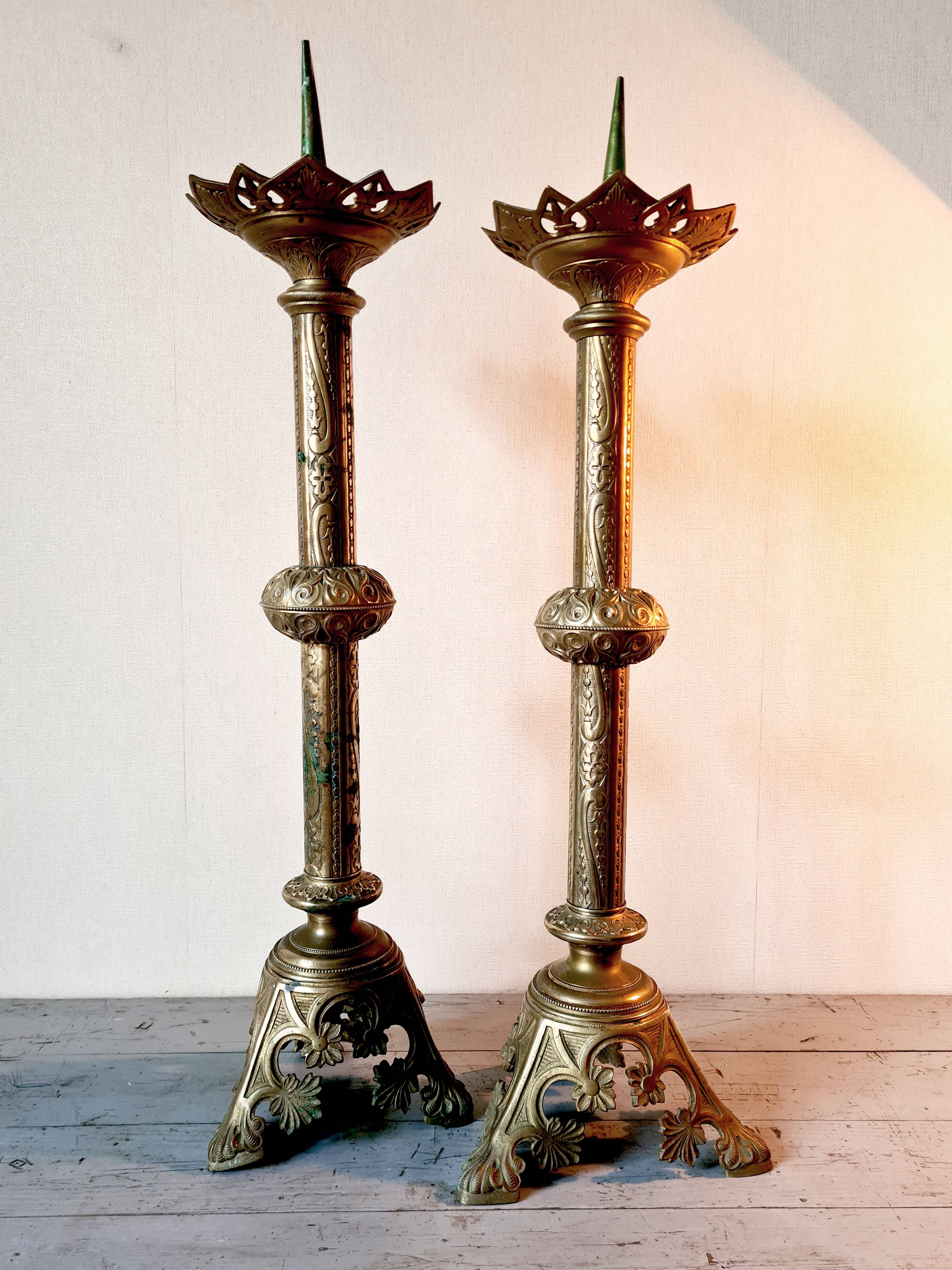 Pair of large Empire solid brass candlesticks – 78 cm