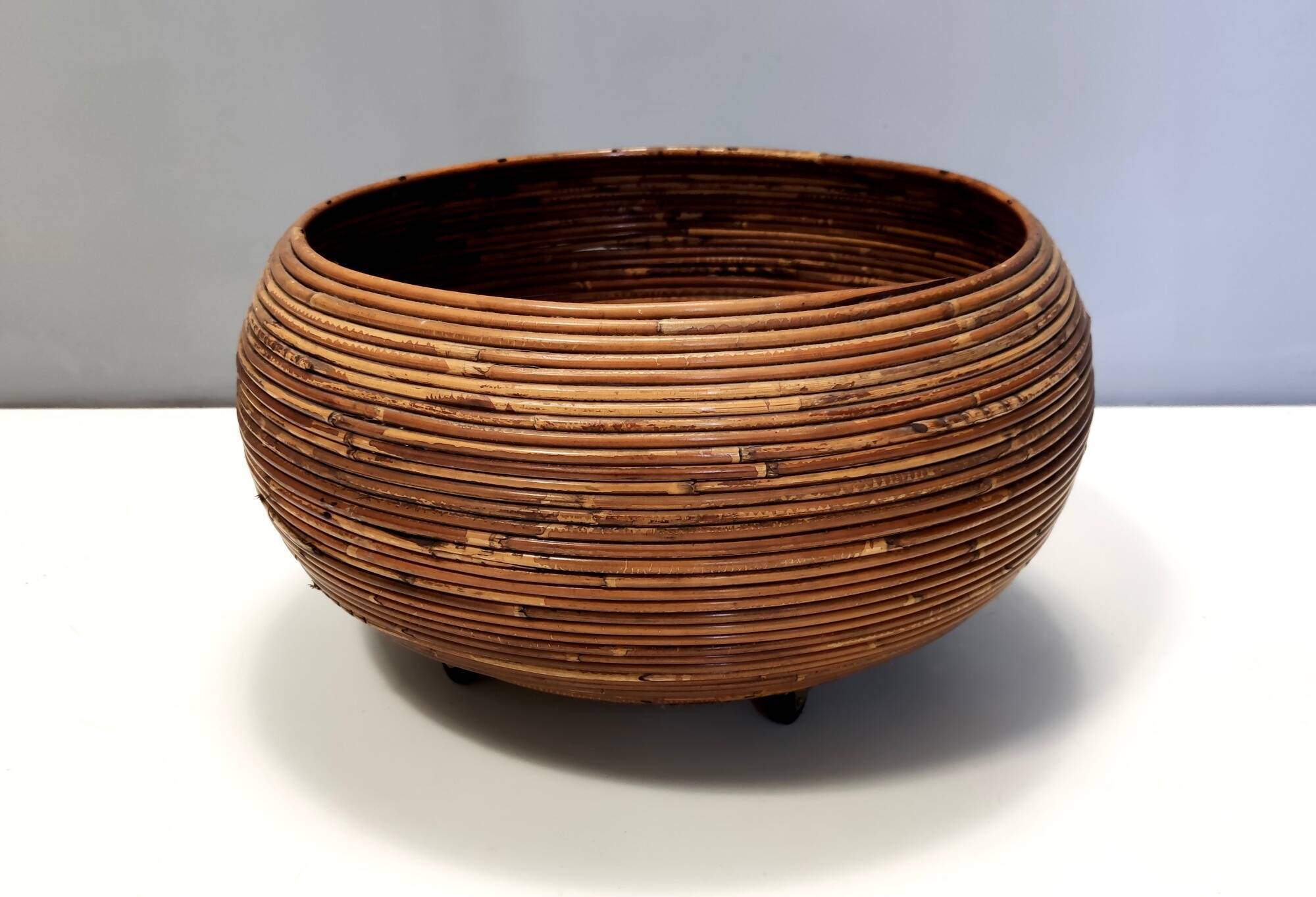 Postmodern Round Wicker and Beech Cachepot / Magazine Rack with Casters, Italy