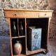 Antique French oak shop counter, kitchen island on wheels, circa 1880–1900.