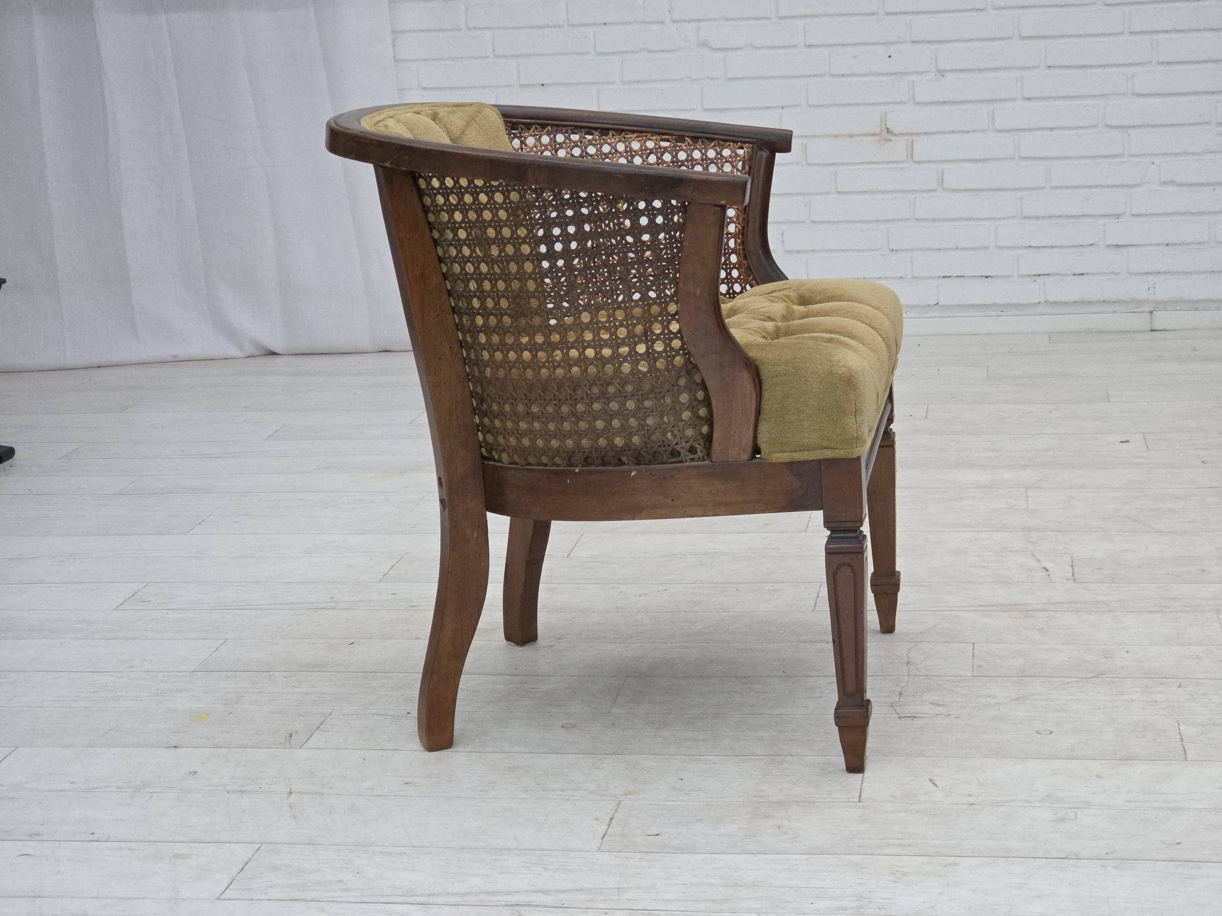 1950s, Danish easy chair, furniture velour, furniture mesh, oak wood.
