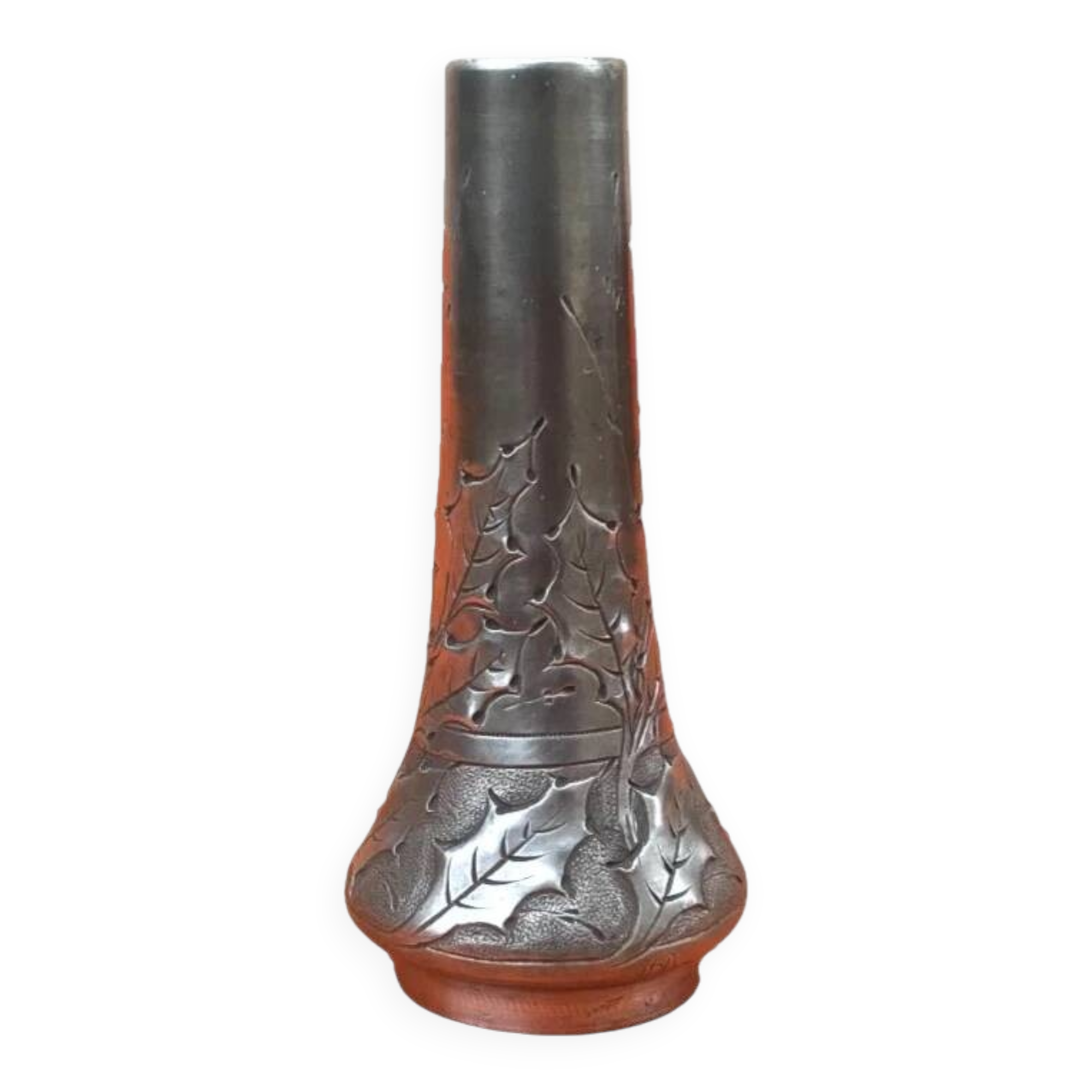 Art Nouveau soliflore vase by P. Chaumette, pewter, oak leaf decoration