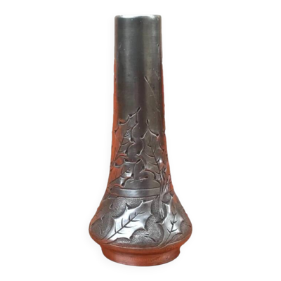 Art Nouveau Vase soliflore P. Chaumette Etain Décor feuilles de chêne