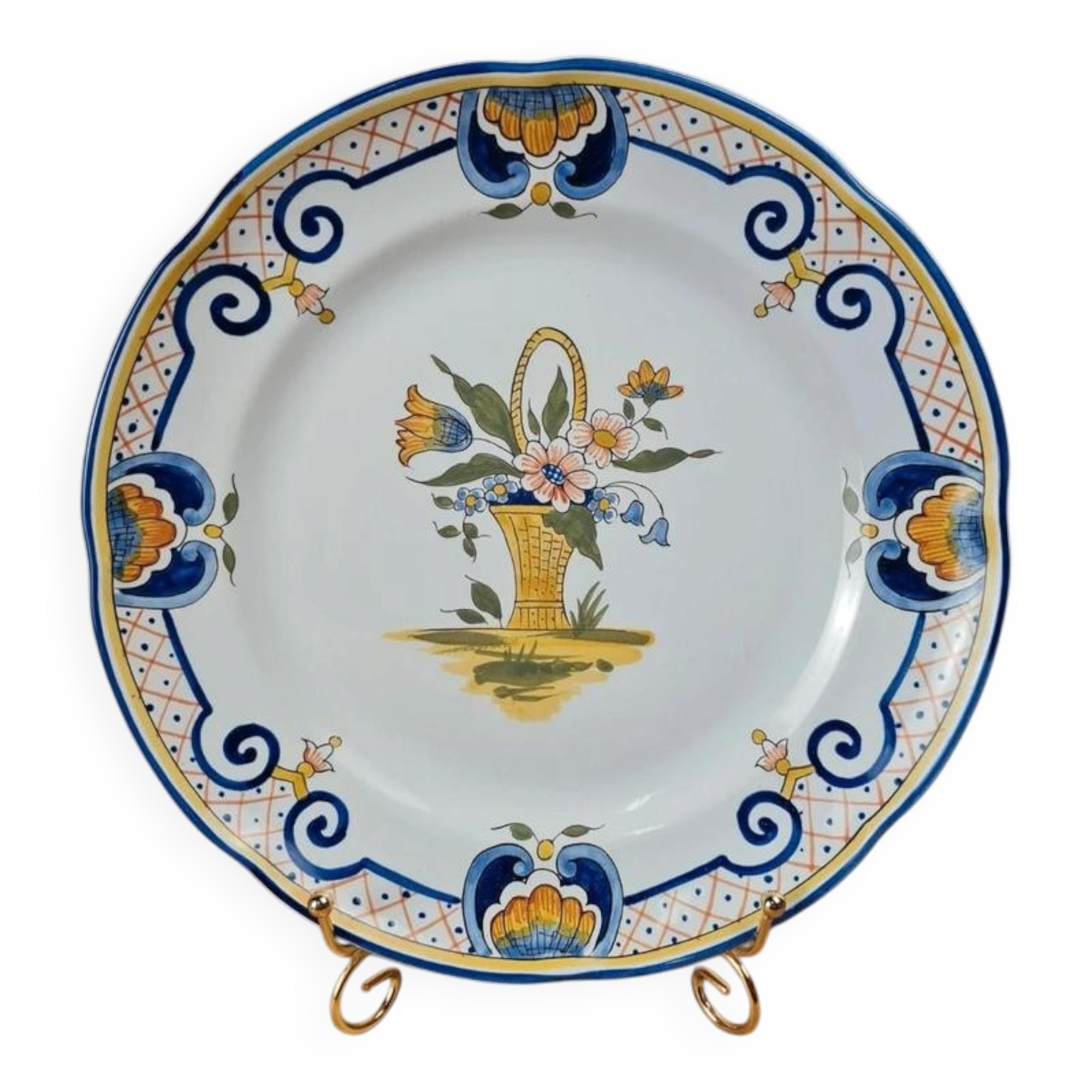 Assiette ancienne en faïence peinte main – panier fleuri