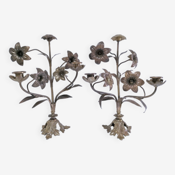 Paire de chandeliers laiton bronze décor floral