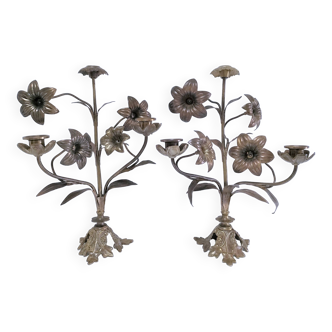 Paire de chandeliers laiton bronze décor floral